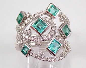 18K White Gold Emerald and Diamond Ring - Modern Princess Cut Gemstone Band - May Birthstone Fine Jewelry Gift