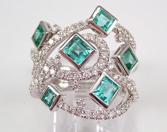 Emerald and Diamond Ring - 18K White Gold Gemstone Cluster Ring - May Birthstone Fine Jewelry