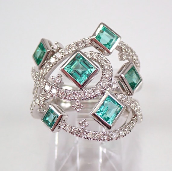 Emerald and Diamond Ring - 18K White Gold Gemstone Cluster Ring - May Birthstone Fine Jewelry