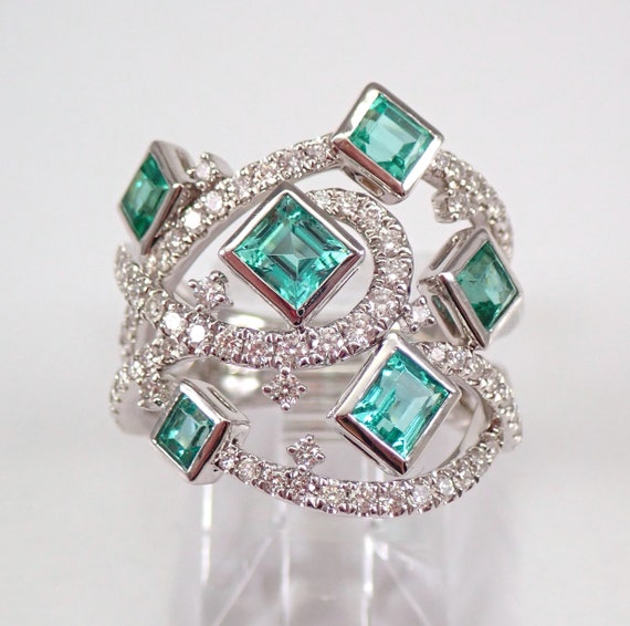 18K White Gold Emerald and Diamond Ring - Modern Princess Cut Gemstone Band - May Birthstone Fine Jewelry Gift
