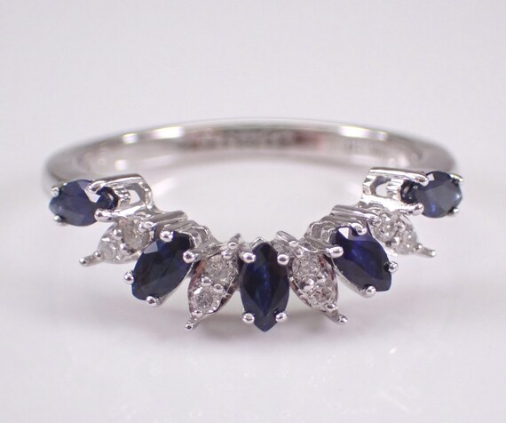 White Gold Sapphire Chevron Wedding Ring - Dainty Contour Anniversary Band - Bridal Diamond Fine Jewelry Gift