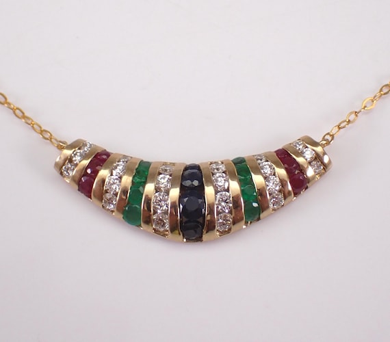 Yellow Gold Ruby Sapphire and Emerald Necklace - Curved Bar Diamond Pendant and Chain -  Colorful Gemstone Station Jewelry Gift
