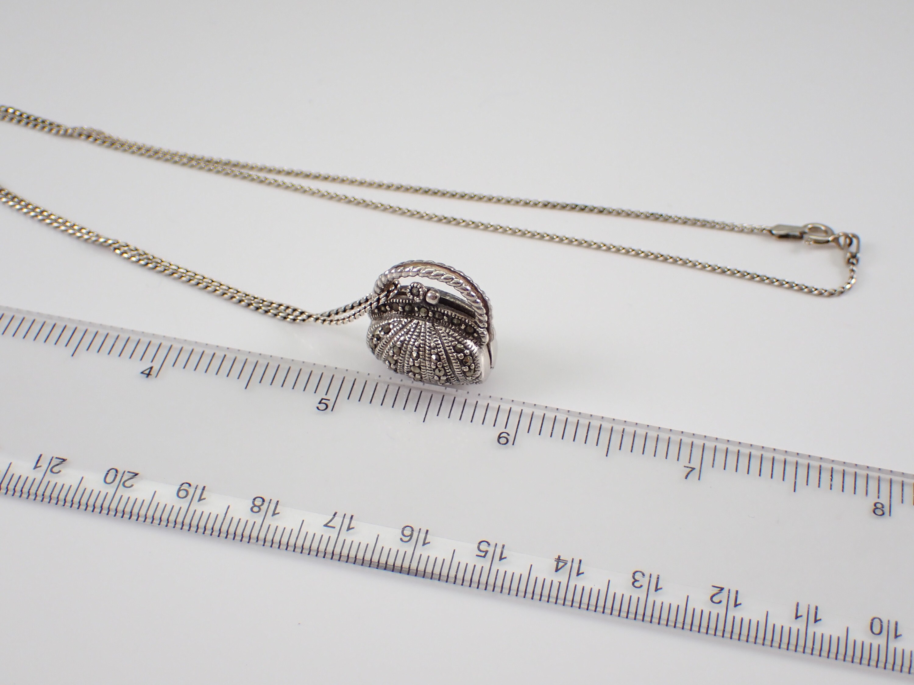 Vintage Marcasite Purse Necklace, Unique Sterling Silver  🤍 Vintage sterling silver & marcasite mini bag purse necklace on sterling chain main image 0