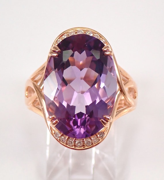 Rose Gold Amethyst Statement Ring - Large Gemstone and Diamond Setting - February Birthstone Jewelry Gift