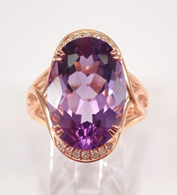 12 ct Oval Amethyst Statement Ring - Solid Rose Gold Gemstone and Diamond Ring - February Birthstone Jewelry