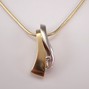 Vintage 14K Yellow Gold Diamond Necklace, Two Tone Charm Pendant Slide, Estate Choker Snake Chain Jewelry