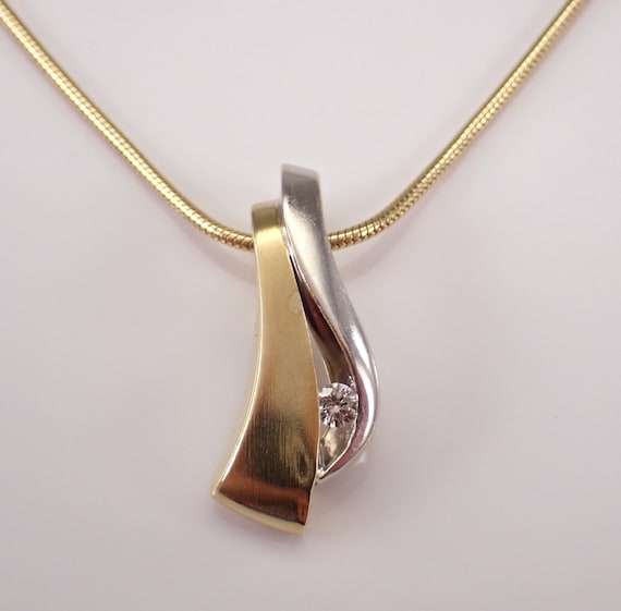 Vintage 14K Yellow Gold Diamond Necklace, Two Tone Charm Pendant Slide, Estate Choker Snake Chain Jewelry