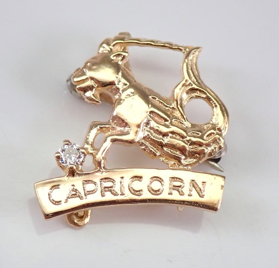 14K Yellow Gold Capricorn Brooch - Vintage Zodiac Horoscope Pin - Diamond Set Goat Pendant