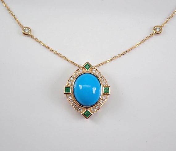 Genuine Turquoise Pendant - Diamond and Emerald Halo Setting - 14K Yellow Gold Necklace - Diamond by the Yard Chain