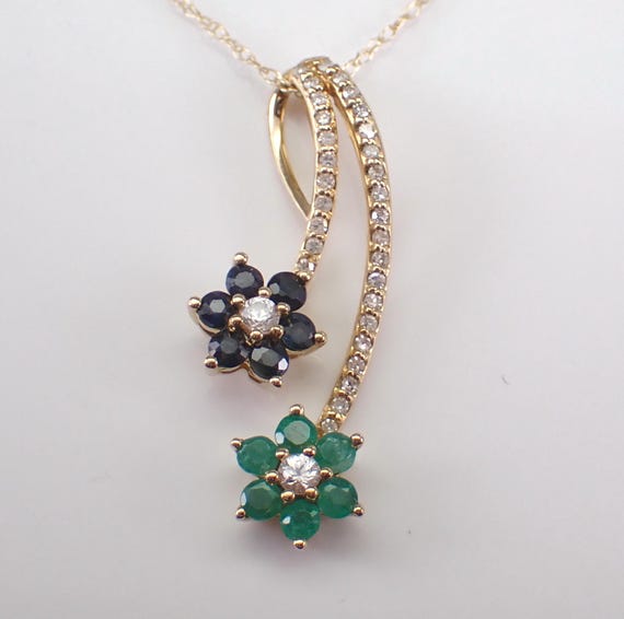 Sapphire and Emerald Pendant and Chain: Dainty Yellow Gold Diamond Flower Charm Necklace