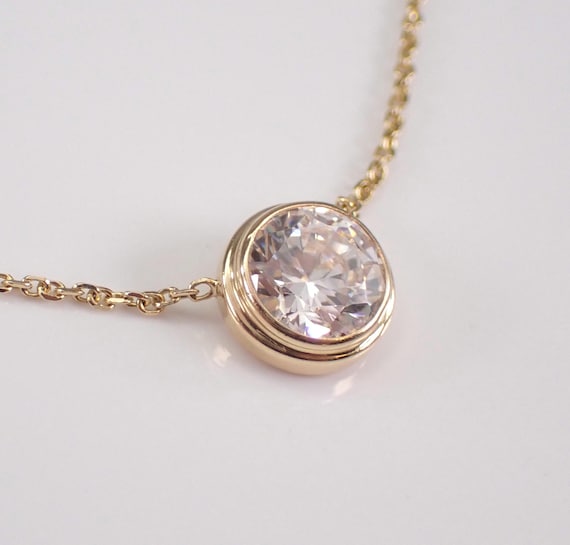 Estate 14K Yellow Gold Solitaire Necklace: Dainty Station Bezel Charm Pendant and Chain
