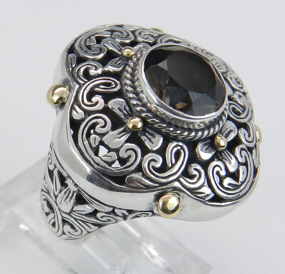 Genuine Smokey Topaz Ring - Sterling Silver and 18K Gold Unique Ring - Antique Style Decorative Scroll Design