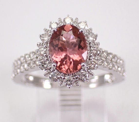 14K White Gold Pink Tourmaline Ring - Diamond Halo Engagement Setting -  Unique Bridal Fine Jewelry Gift