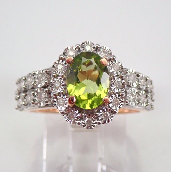 14K Rose Gold Peridot Ring - Diamond Halo Engagement Setting - Green August Gemstone Fine Jewelry