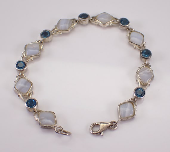 Vintage Blue Topaz and Agate Bracelet - Estate Sterling Silver Gemstone Link - Everyday Layering Jewelry Gift