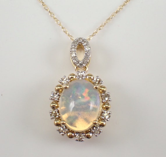 Opal and Diamond Pendant Necklace - Solid Yellow Gold Choker with 18 inch Chain - October Gemstone Jewelry Gift for Women