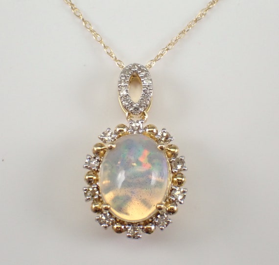 Opal and Diamond Pendant Necklace - Solid Yellow Gold Choker with 18 inch Chain - October Gemstone Jewelry Gift