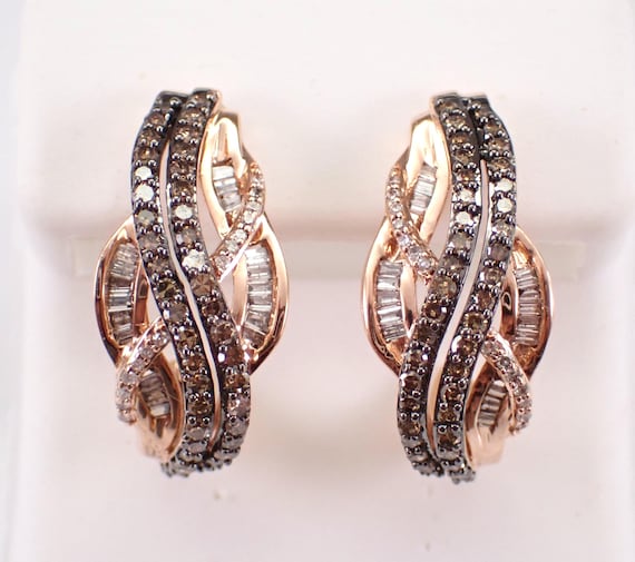 Rose Gold Brown Diamond Half Hoop Earrings - Unique Multi Row Medium Huggies - GalaxyGems Bridal Colored Jewelry Gift