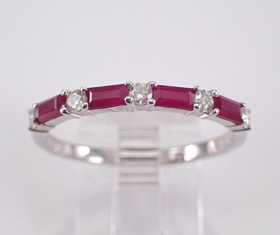 Baguette Ruby and Diamond Wedding Ring - 14K White Gold Gemstone Anniversary Band - July Birthstone Fine Jewelry Gift