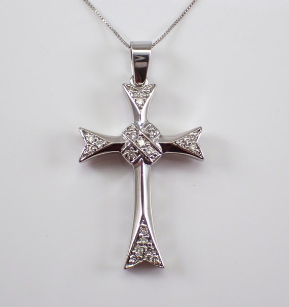Simple Diamond Cross Pendant and Chain - 14K White Gold Religious Necklace - Everyday Layering Fine Jewelry Gift