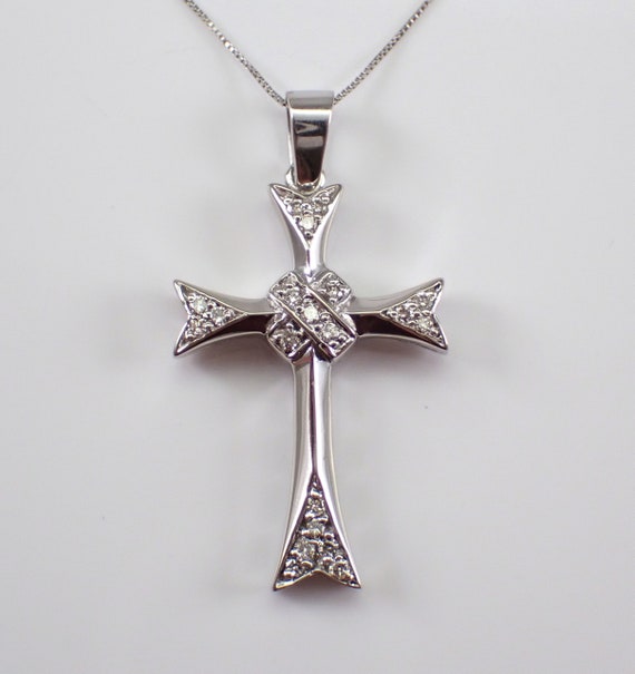 14K White Gold Diamond Cross Pendant and Chain - Religious Simple Crucifix Necklace - Everyday Layering Fine Jewelry Gift