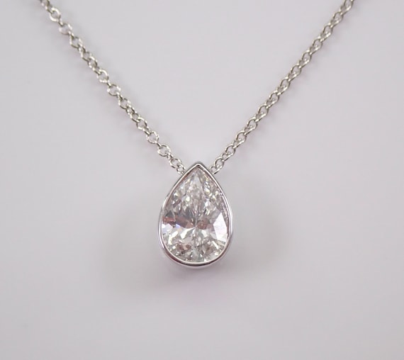 Teardrop Moissanite Necklace, Solid 14K White Gold Pear Brilliant Bezel Set Pendant, Wedding Anniversary Gift for Wife