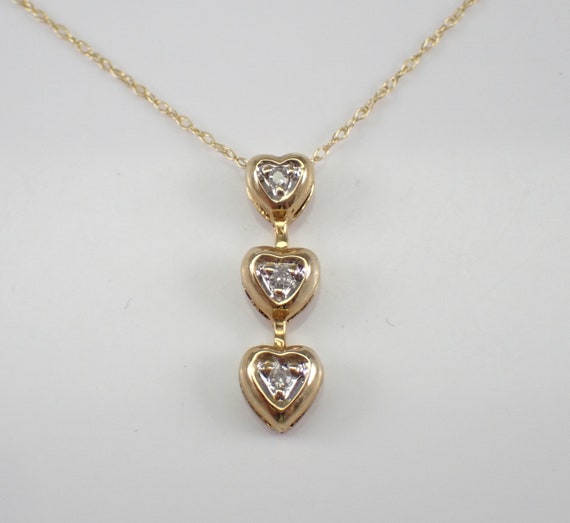 Dainty Three Stone Diamond Heart Necklace - Thin Gold Chain and Pendant Drop - Past Present Future Jewelry Gift