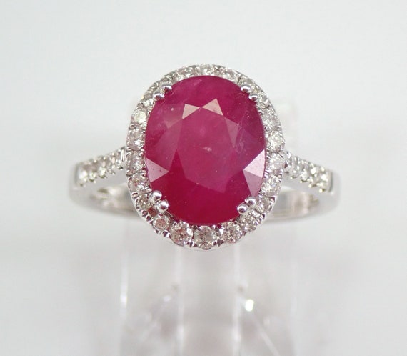 18K White Gold 2.98ct Ruby Ring - Diamond Halo Engagement Setting - Large Gemstone Bridal Jewelry Gift