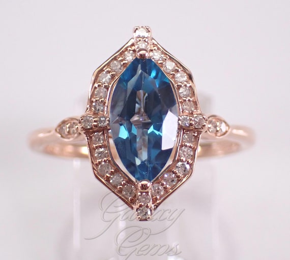 Rose Gold Blue Topaz Engagement Ring - Diamond Halo Marquise Gemstone Setting