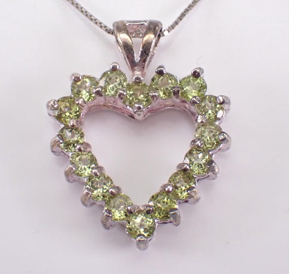 Vintage Sterling Silver Heart Choker Necklace, Peridot Gemstone Slide Charm Pendant and Chain