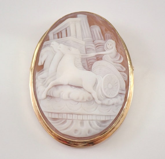 Vintage Horse and Carriage Cameo Brooch - Antique 14K Yellow Gold Portrait Convertible Pendant