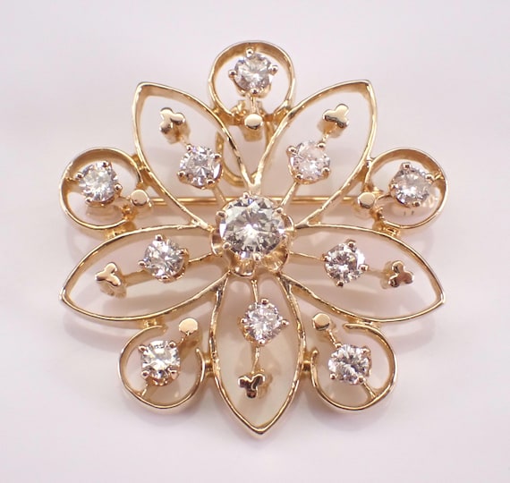 Antique Diamond Brooch Pendant: 14K Yellow Gold Celestial Starburst Snowflake Pin