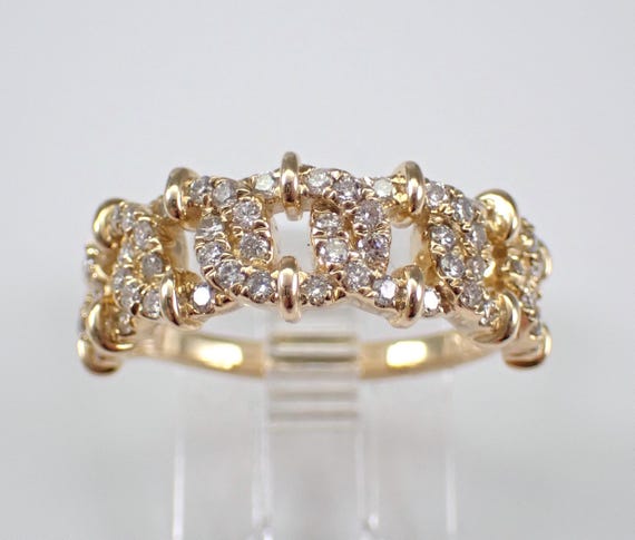 14K Yellow Gold CHAIN LINK Diamond Ring - Unique Chainlink Anniversary Band - Stackable Bridal Jewelry Wedding Gift