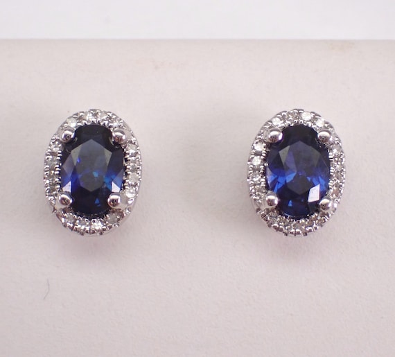 14K White Gold Sapphire Stud Earrings - Diamond Halo Setting Studs - September Birthstone Fine Jewelry Gift