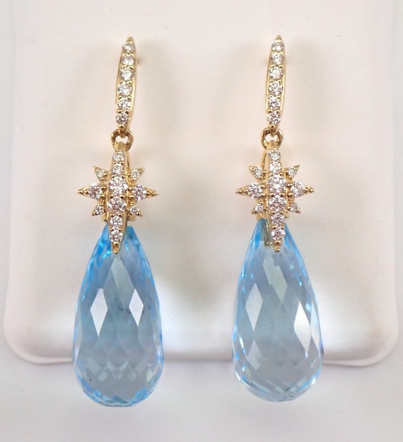 Blue Topaz Briolette Earrings - Unique Diamond Star Cluster - Solid Yellow Gold Gemstone Dangle Drop - Celestial Fine Jewelry