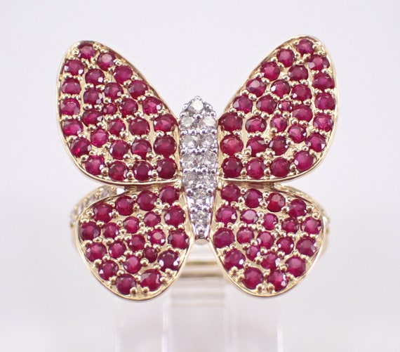 14K Yellow Gold Ruby Butterfly Ring - Unique Pave Cluster Gemstone Band - GalaxyGems Fine Jewelry Gift