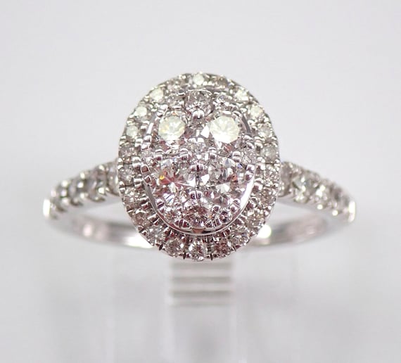 14K White Gold Diamond Cluster Ring - Oval Halo Engagement Setting - Unique Bridal Fine Jewelry Gift