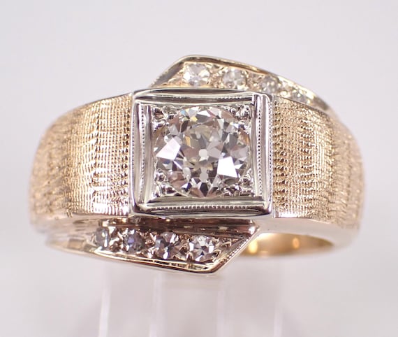 Vintage 14K Yellow Gold Old Miner Diamond Ring: Unique Mens Two Tone Engagement Gift