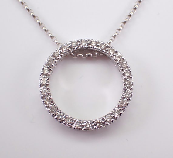 14K White Gold Diamond Circle of Life Necklace - Slide Choker Charm Pendant and Chain - Unique Bridal Fine Jewelry Gift