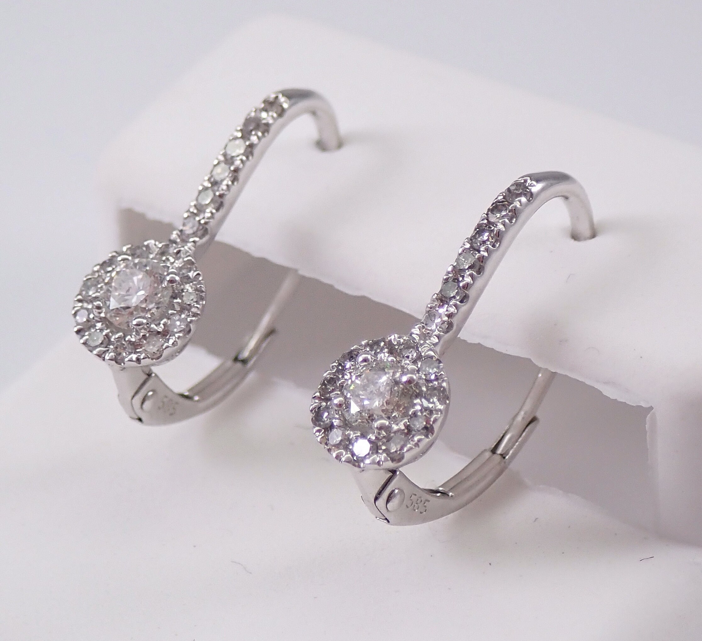 14K White Gold 1/2 ct Diamond Cluster Halo Drop Earrings Leverback ...