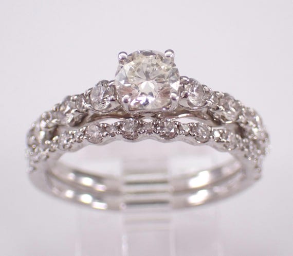 White Gold Diamond Engagement Ring Set: Stackable Wedding Anniversary Band