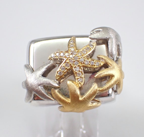 Vintage 14K Yellow Gold and Sterling Silver Ring - Two Tone Diamond Starfish Square Shape Band - Estate Sonia B Designer Jewelry