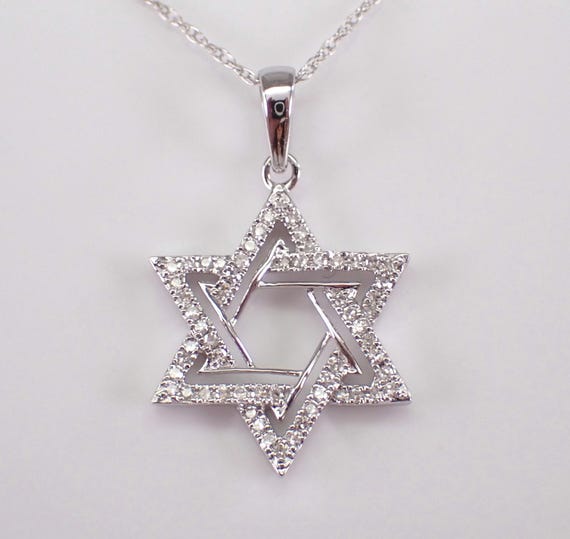 Diamond Star of David Necklace - White Gold Jewish Pendant Charm and Chain - Genuine Religious Fine Jewelry Gifts