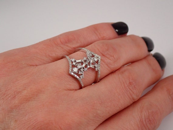 Double Row Diamond Cluster Ring - White Gold Middle Finger Band - Wide Chevron Design