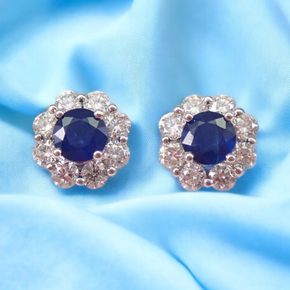 Genuine Sapphire Stud Earrings - 18K White Gold Diamond Halo Setting - September Birthstone Fine Jewelry Gift