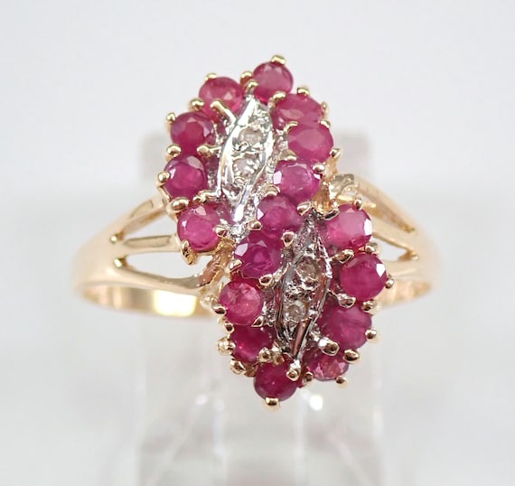 Vintage Ruby Cluster Cocktail Ring, Solid 10K Yellow Gold Diamond Jewelry, Unique Infinity Symbol Design