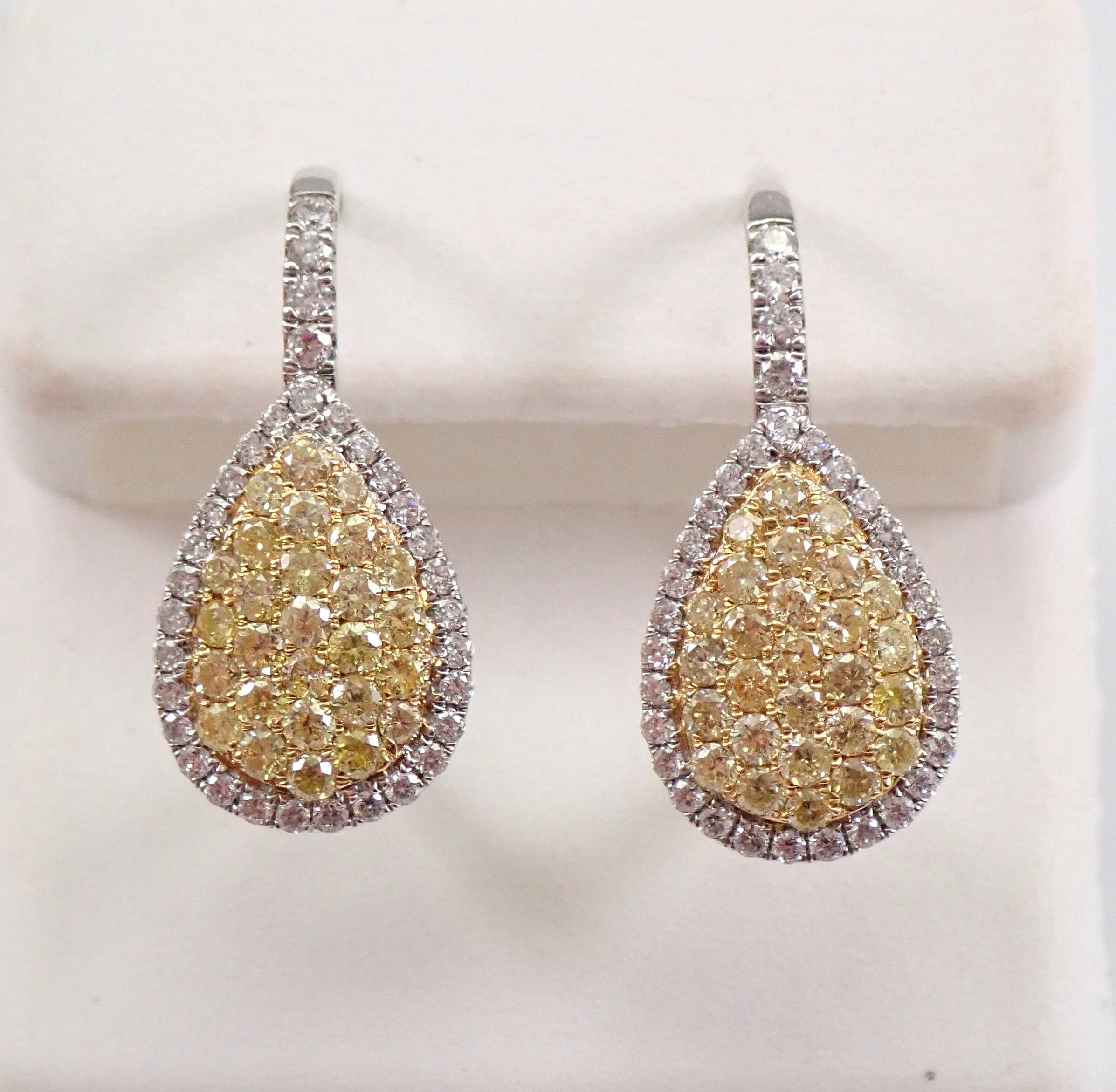Teardrop CANARY Yellow Diamond Earrings 14K White Gold Halo Drop