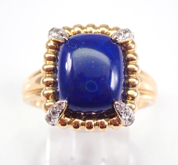 Vintage Lapis Lazuli Right Hand Ring, Solid 14K Yellow Gold Gemstone Fine Jewelry Gift, Unique Beaded Halo Setting