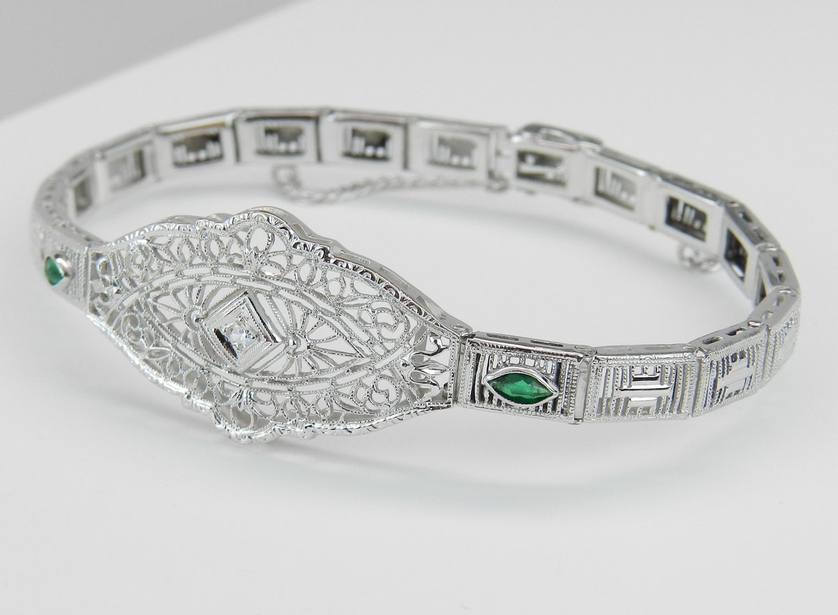Antique Bracelet Art Deco Bracelet Diamond and Green Emerald Filigree ...