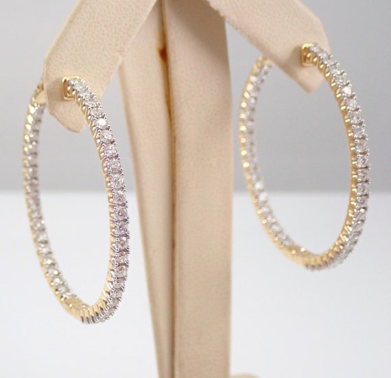 Solid Gold Diamond Hoop Earrings, 14K Yellow Gold 3 ct Diamond In and Out Hoops, Luxury Fine Jewelry Gift